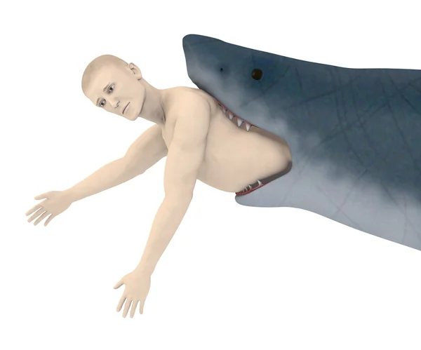 3D рендеринг искусственного характера, съеденного акулой — стоковое фото