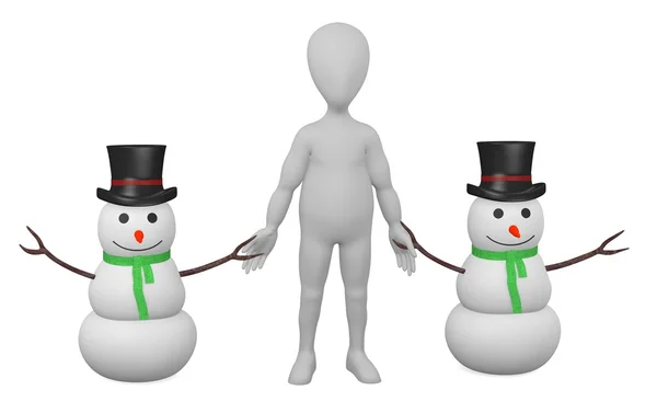3d render of cartoon character with snowman — Stock Photo, Image