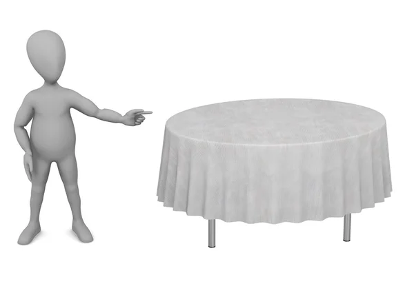 Rendering 3d del personaggio dei cartoni animati con tavola e tovaglia — Foto Stock