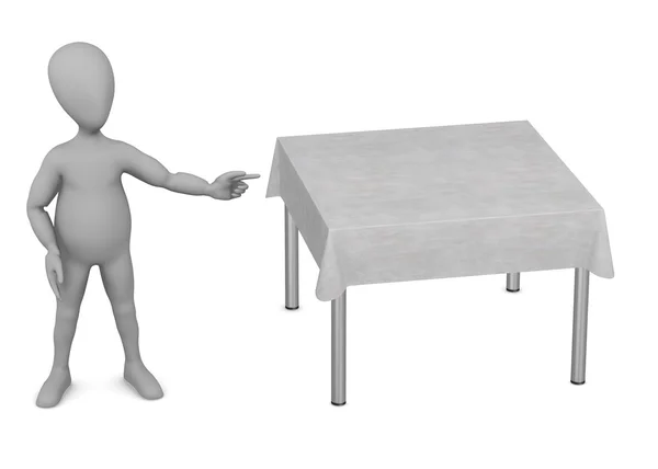 3D καθιστούν χαρακτήρα κινουμένων σχεδίων με τραπέζι και τραπεζομάντιλο — Φωτογραφία Αρχείου