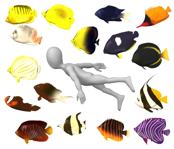 3D render van stripfiguur met vis — Stockfoto