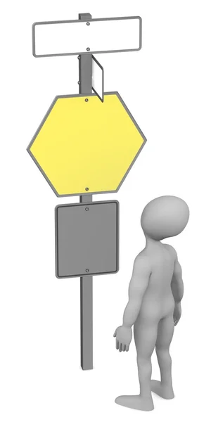 Renderização 3d de personagem de desenho animado com sinal de tráfego — Fotografia de Stock
