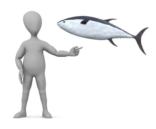 Ton balığı ile çizgi film karakteri 3D render — Stok fotoğraf