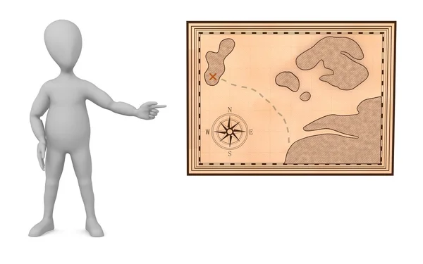 3d renderização de personagem de desenho animado com mapa do tesouro — Fotografia de Stock