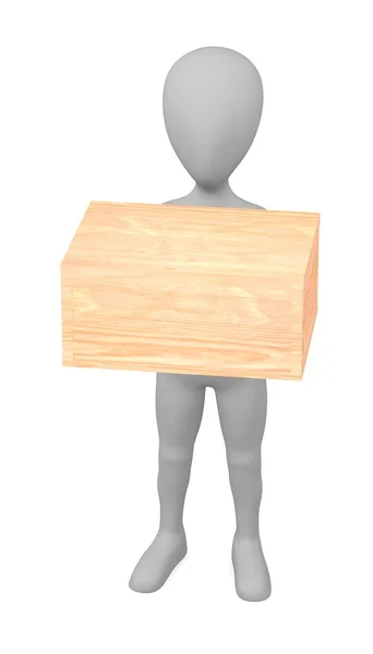 3D render ahşap kutu ile çizgi film karakteri — Stok fotoğraf