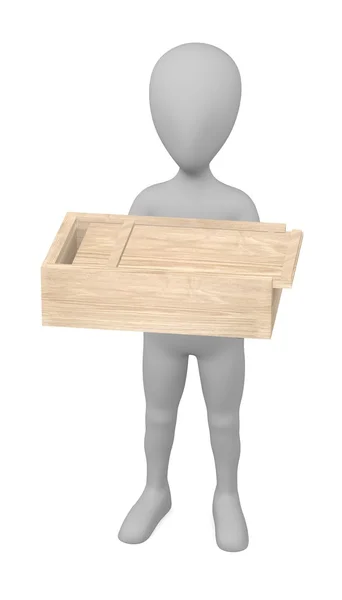 3D renderowania postać z kreskówek z drewnianym pudełku — Zdjęcie stockowe