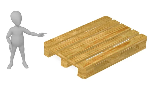 3d render of cartoon character with wooden palette — Stock Photo, Image