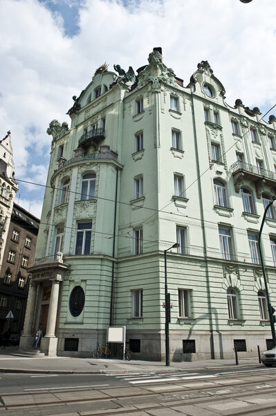 A diagonal shot of a huge building Czech Republic.