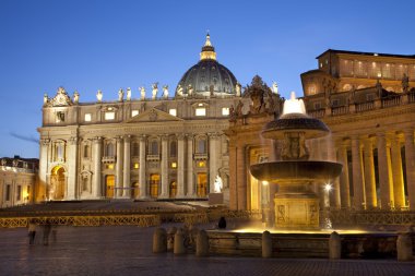 Rome st. Peter s basilica and colonnade with the fountain by Carlo Maderno 1612 in evening clipart