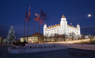 Bratislava - Gece parlamentodan bir kale ve yılbaşı ağacı ve bayraklar