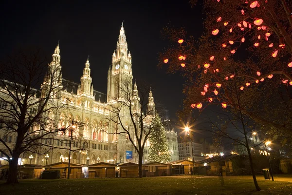 stock image Vienna - tower of town-hall and christmas decoration