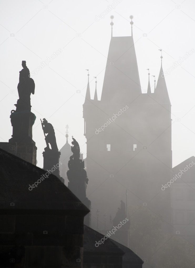 Prague - Charles bridge in morning fog