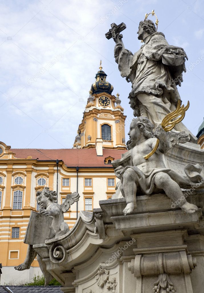 Melk - baroque closister from Austria and st. John Nepomuk statue