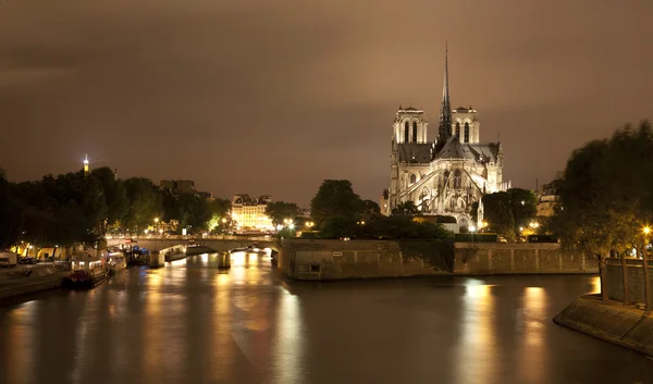 Parigi - Cattedrale della Senna e di Notre Dame di notte — Foto Stock