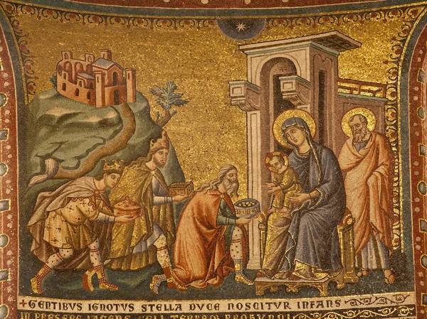 Rzym - pietro cavallini. Pokłon Trzech Króli. Basilica di santa maria w trastevere. 1296-1300 — Zdjęcie stockowe