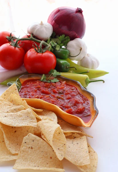 Nachos e molho de salsa em uma tigela — Fotografia de Stock