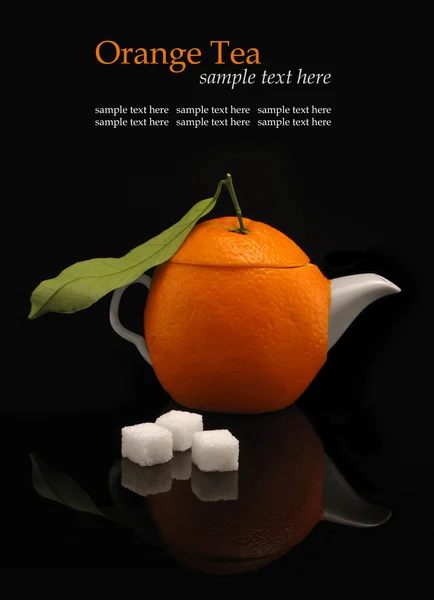 Orange teapot & sugar on black background — Stock Photo, Image