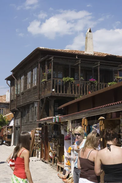 An old street and wooden houses, Nessebar Black Sea resort — Stockfoto