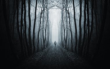 Man walking on a path in a dark forest with fog clipart