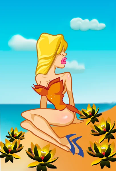 砂浜のビーチで金髪のコミック — ストックベクタ