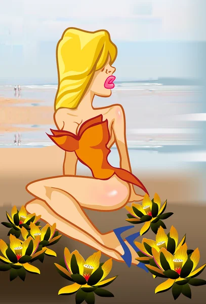 Gerçekçi bir plajda çizgi roman sarışın Stok Vektör