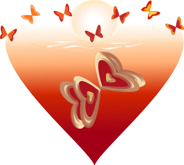 Червоне серце з метеликами — стоковий вектор