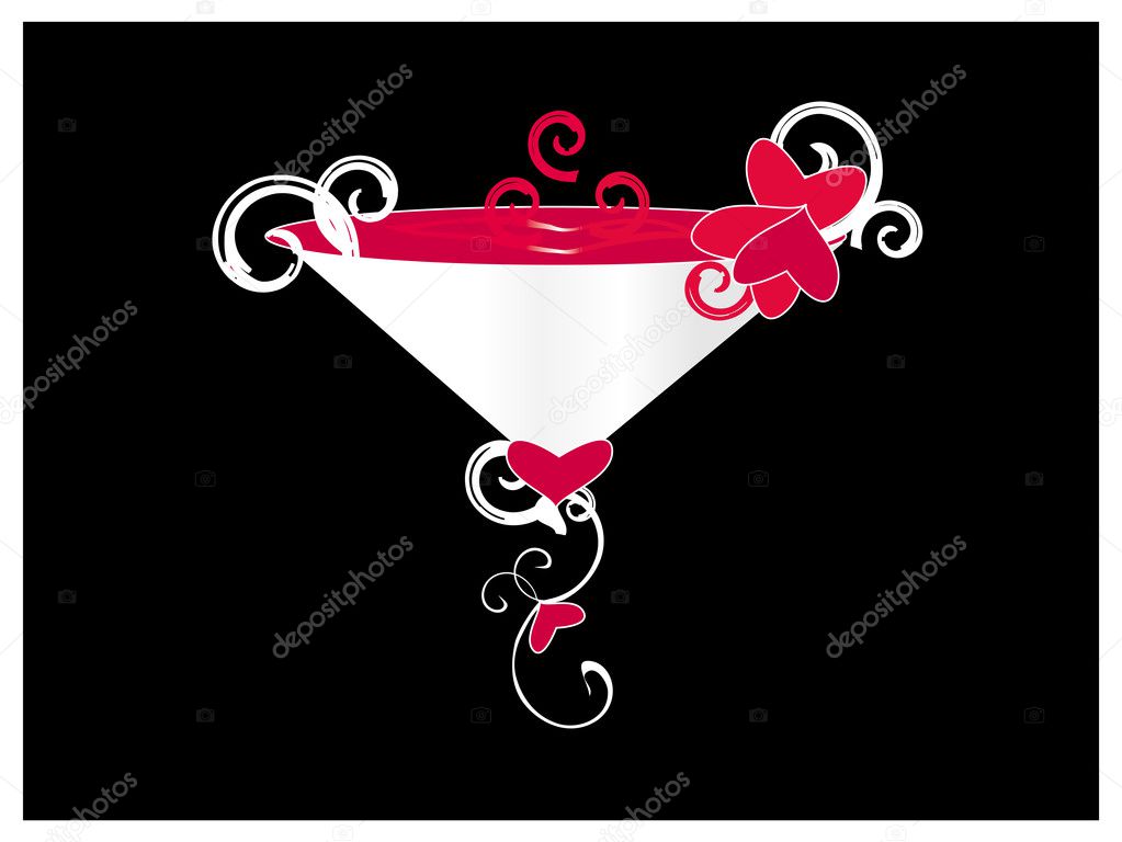 Martini goblet with red coctail and red hearts