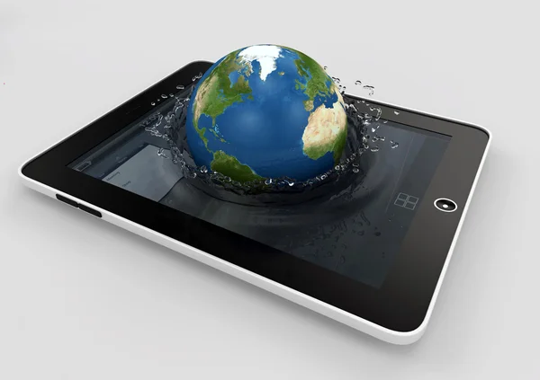 Globe falling into the device's screen with splashes — Stock Photo, Image