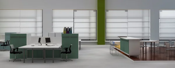 Interieur-Büro mit System-Schreibtischen und Loungebereich Stockbild