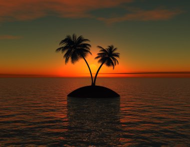 Island with palm at sunset with the sun in the middle of trees clipart