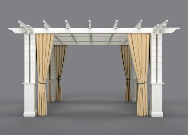 romantik düğün gazebo ahşap pergola ve perdelik. gri arka plan üzerinde izole