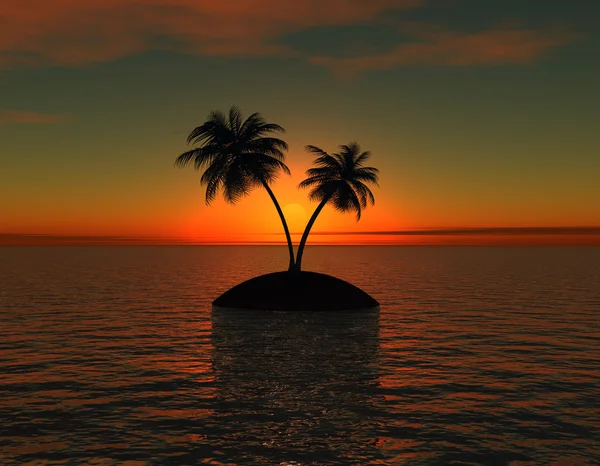 Isla con palmera al atardecer con el sol en medio de los árboles — Foto de Stock