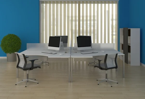 Sistema de escritorios de oficina con particiones en el interior azul —  Fotos de Stock