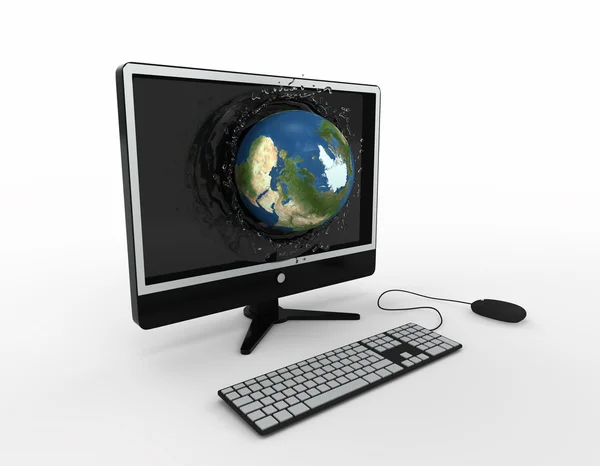 Глобус, падающий со шпионами на экран монитора компьютера — стоковое фото