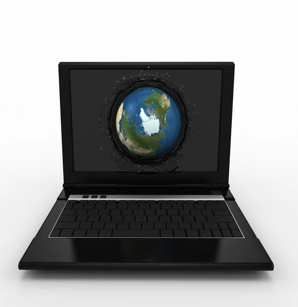 Globe falling with splashes into the computer monitor screen — Stock Photo, Image