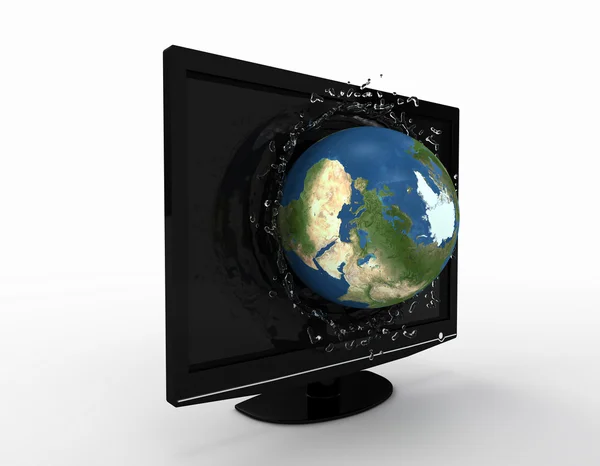 Глобус, падающий со шпильками на экран ЖК-телевизора — стоковое фото