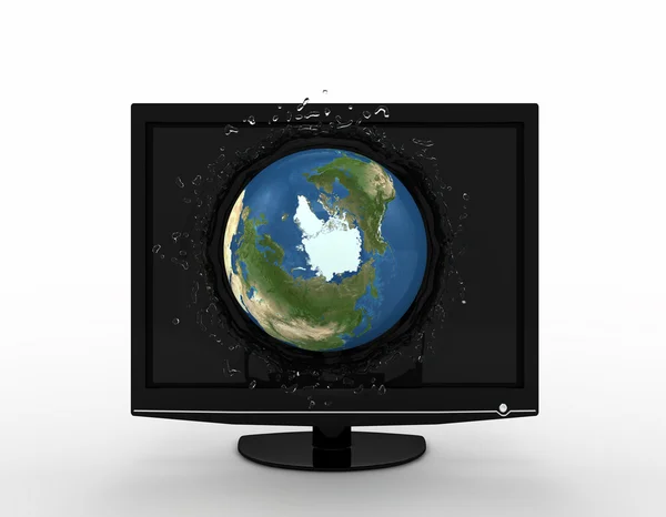 Глобус, падающий со шпильками на экран ЖК-телевизора — стоковое фото