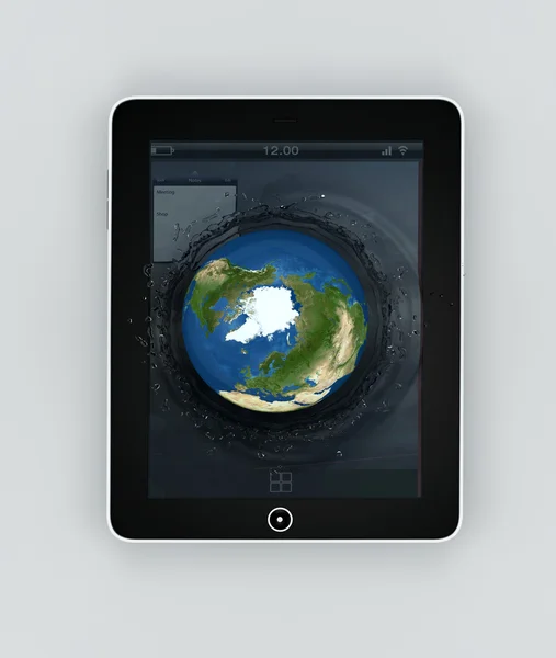 Globe falling with splashes into the device's screen — Stock Photo, Image