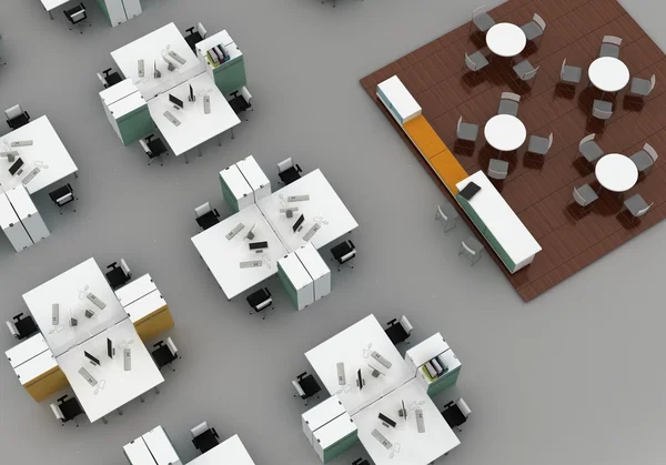Open ruimte kantoor met systemen kantoor bureaus en lounge gebied. geïsoleerd op grijze achtergrond — Stockfoto