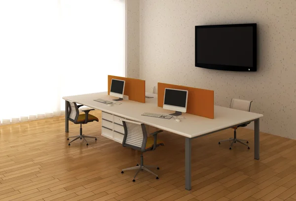 Oficina interior con escritorios de sistema de oficina y TV . — Foto de Stock
