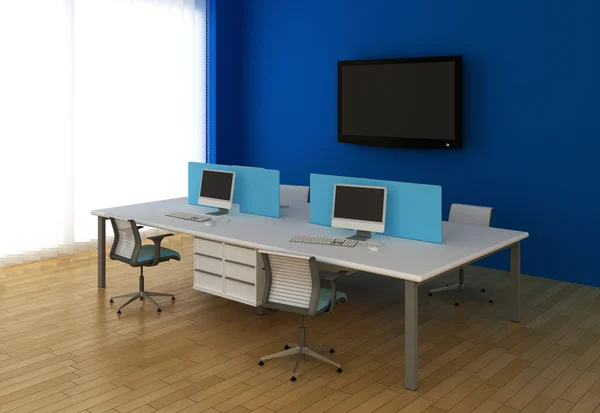 Interieur kantoor met systeem kantoor bureaus en tv. — Stockfoto