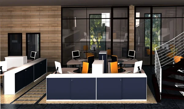 Внутренний офис с системными офисными столами — стоковое фото