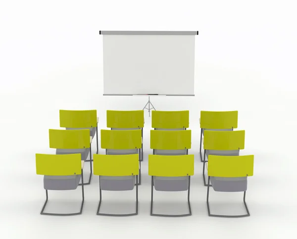Školící místnost s označení vozidel svážejících a židle. izolované na bílém pozadí — Stock fotografie