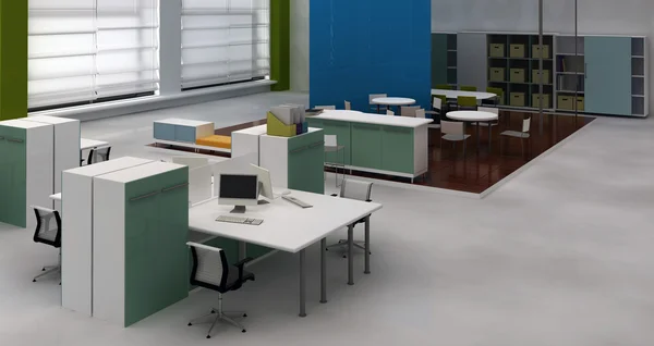 Interior open space office dengan meja kantor sistem dan area lounge — Stok Foto