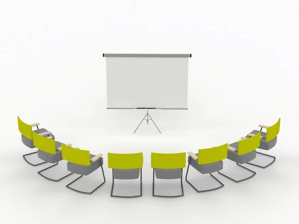 Αίθουσα διδασκαλίας με δείκτη πίνακα και τις καρέκλες. απομονωθεί σε λευκό φόντο — Φωτογραφία Αρχείου
