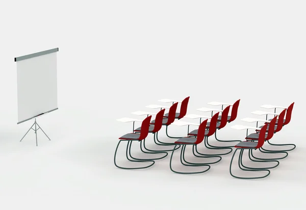 Školící místnost s označení vozidel svážejících a židle. izolované na bílém pozadí — Stock fotografie