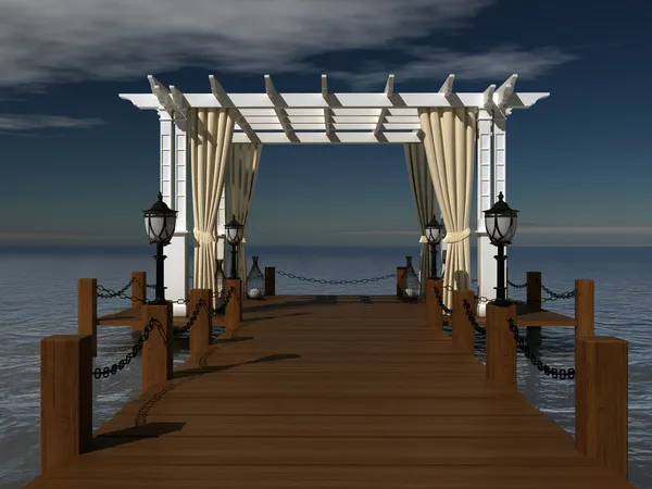 Romantischer Hochzeitspavillon mit Holzpergola an der Seebrücke am Meer — Stockfoto