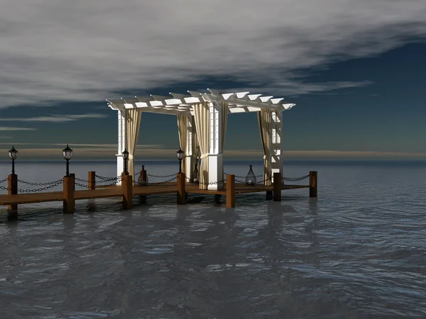 Romantic wedding gazebo with wooden pergola at the pier on the sea — Stock Photo, Image