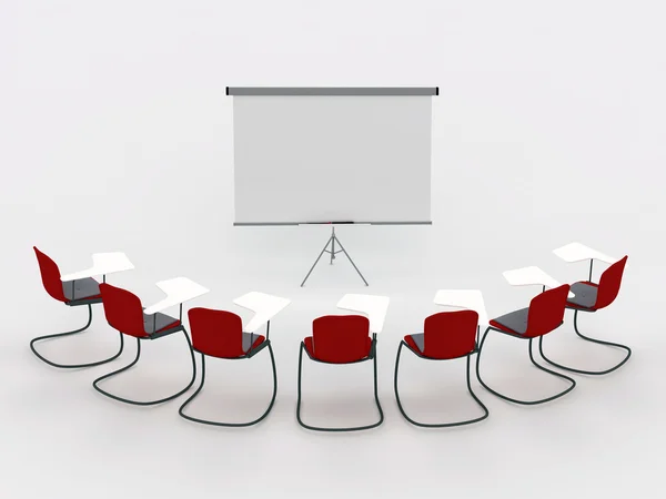 Навчальний зал з маркерною дошкою та стільцями. ізольовані на білому фоні Ліцензійні Стокові Зображення