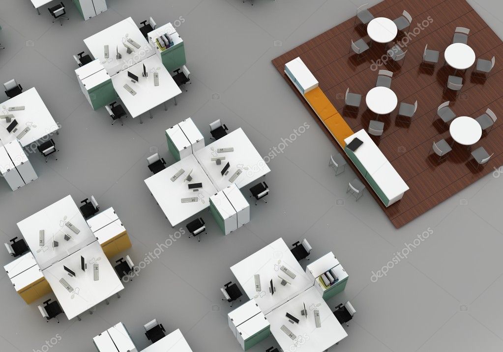 Open space office with systems office desks and lounge area. Isolated on gray background